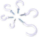 White Plastic Coated Shouldered Cup Hooks – Screw-In Wall Hooks for Mugs, Keys, Tools, Lights & Storage – Heavy Duty Metal