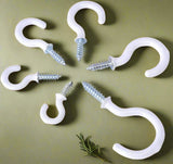 White Plastic Coated Shouldered Cup Hooks – Screw-In Wall Hooks for Mugs, Keys, Tools, Lights & Storage – Heavy Duty Metal
