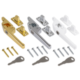 Window Locking Casement Fastener with Wooden Timber Handle – Polished Brass, Polished Chrome & White – Secure Window Latch for Timber Frames