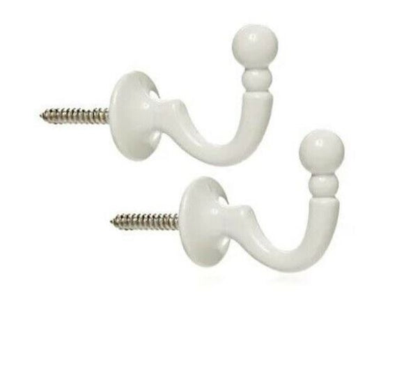 White Curtain Tassel Hooks - Ball tie back wall cup hooks SOLID STRONG METAL Pack of 2 - Sisi UK Ltd