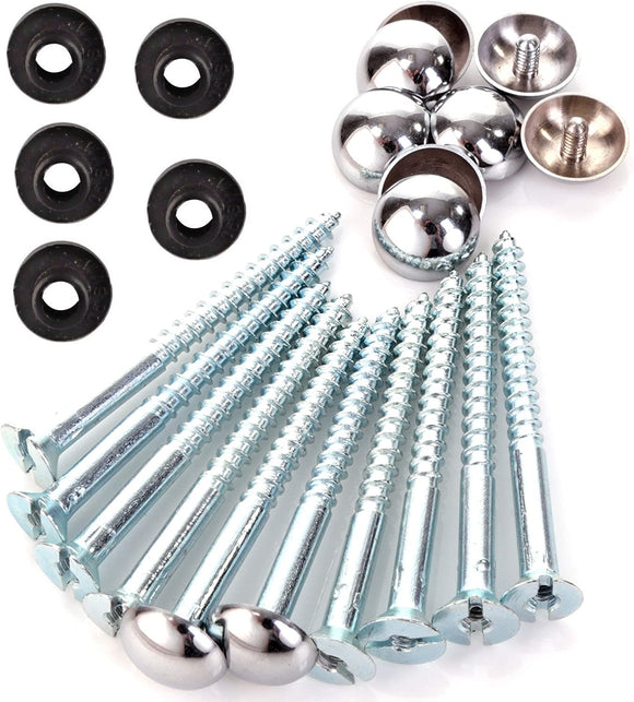 Mirror Screws & Caps Threaded Bolt Screws with Silver Chrome Dome Caps & Rubber Washers - Pack of 4 - Sisi UK Ltd