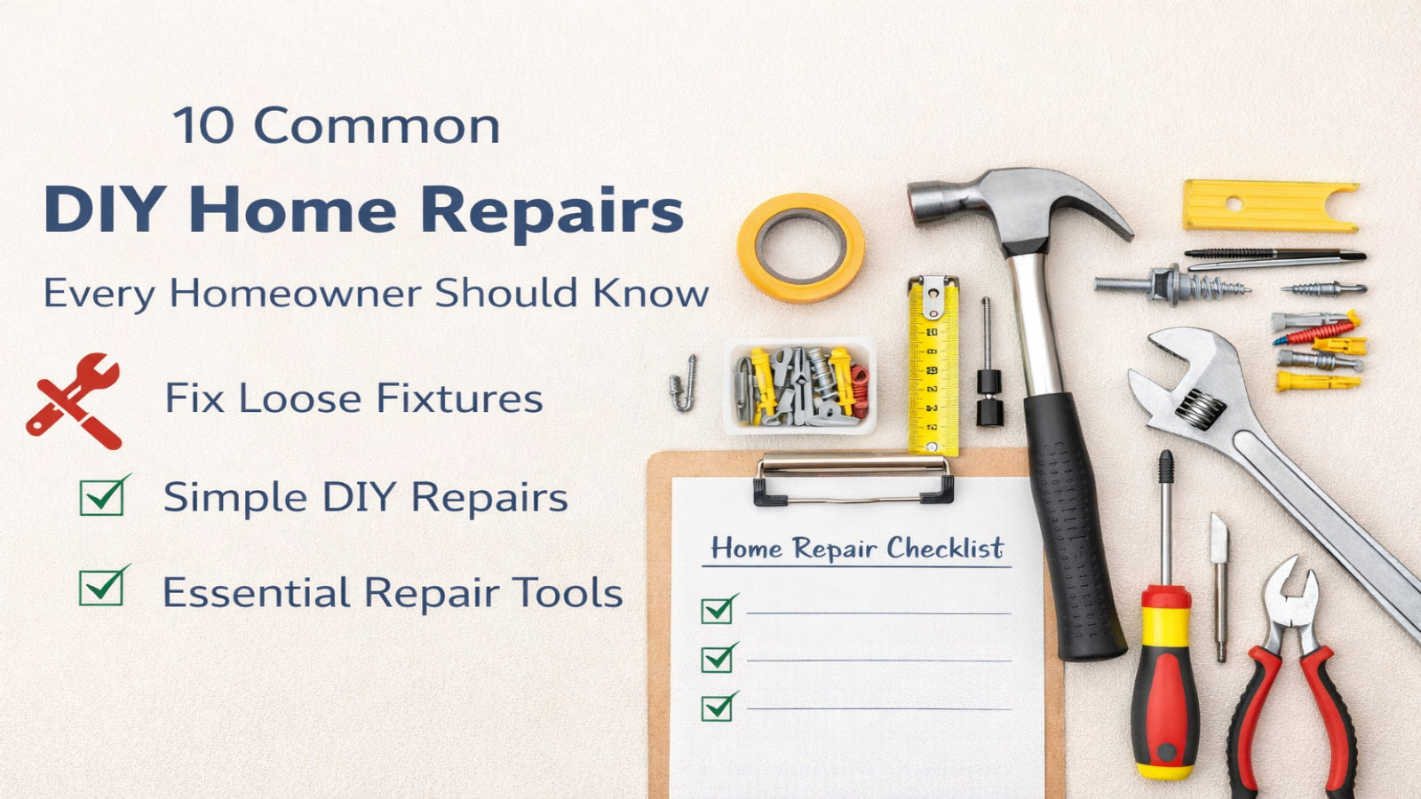 DIY home repairs guide showing tools and checklist for common home maintenance tasks