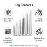 Heavy-Duty Masonry Nails – Zinc Plated - 25mm, 30mm, 40mm, 50mm, 60mm, and 75mm | Hardened Steel Wall & Concrete Fixing Nails