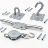 Washing Line Parts – Galvanised Cleat, Plate Hook, Wheel Hooked Pulley & Staple Eye Set for Outdoor Clotheslines