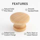 Pine Cabinet Knobs – Drilled Wooden Furniture Knobs (No Screws Included) – 30mm to 50mm Sizes Available