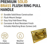 Brass Flush Door Pull Handle 70mm – Vintage Polished Brass Drop Pull Handle with Screws for Cabinet, Cupboard, Wardrobe & Window