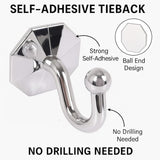 Silver Self Adhesive Tie Backs Hooks Stick On Rust Proof Drape Tassel Holders Window Drape Hold Back Pack of 2