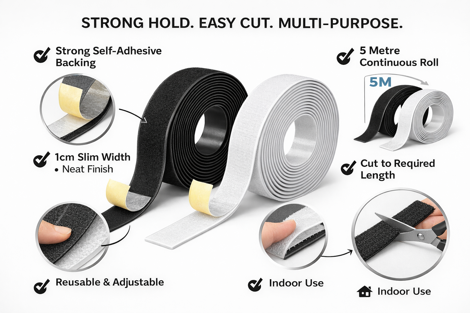 5M Hook and Loop Tape 1cm – Sticky Backed & Double Sided Fastener Strips – Self Adhesive Velcro Style Roll – Black or White