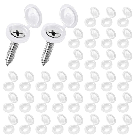 100 Pack Large Hinged Screw Cover Caps for 10–12 Gauge Screws – White Plastic Caps with Base Washers | Durable Screw Head Concealers for Furniture, Cabinets & DIY Projects