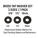 15 x Mixed Tap Washer Set – Rubber Replacement Washers 3/8", 1/2", 19mm – Sink, Basin & Bath Tap Leak Repair Kit