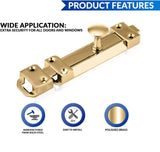 Polished Brass Door Bolts – 4", 6", 8", 10" Surface Mounted Sliding Door Lock – Durable Brass Tower Bolts for Bedrooms, Bathrooms, Cupboards & Storage