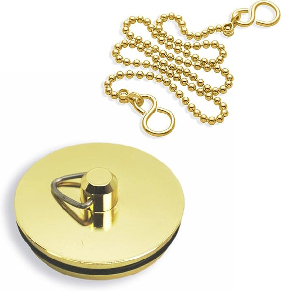 Sink Plug and Chain Set  – Universal Fit in Silver or Brass Finish (12