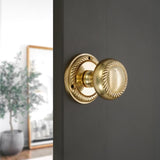 Georgian Round Solid Polished Brass Mortice Sprung Door Knob Set – Golden Grace Pair for Internal & External Doors