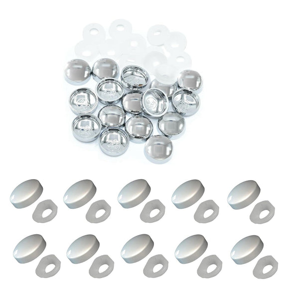 Screw Cover & Base Caps – Polished Chrome & White Finish – Decorative Screw Caps for Mirrors, Cabinets & Furniture – 10mm Metal Covers with Base Washers