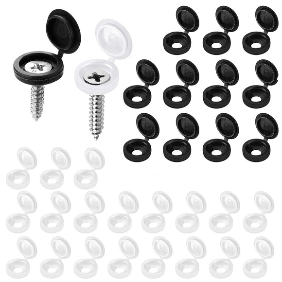 100x Hinged Screw Cover Caps for 6-8 Gauge Screws – White & Black Plastic Caps with Base Washers | Durable, Neat Screw Concealers for Furniture, Cabinets & DIY Fixings