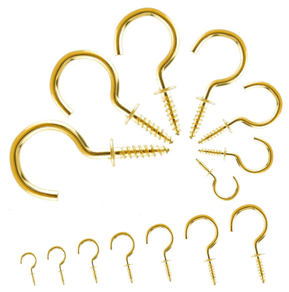 Polished Brass Shouldered Cup Hooks – Screw-In Metal Wall Hooks for Mugs, Keys, Lights & Storage – Heavy Duty Decorative Finish
