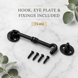 Cabin Hook Twisted Chain Hook Black Ironmongery - Decorative  for Gates, Doors, Sheds (75mm, 100mm, 150mm)