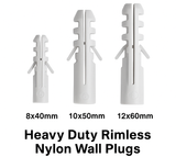 Wall Plugs – Heavy Duty Rimless Grey Nylon Fixings (8x40mm, 10x50mm, 12x60mm) for Masonry, Brick & Concrete