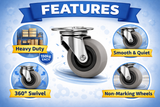 Swivel Castor Wheels 50mm Heavy Duty Rubber Caster Set of 4 – Furniture, Trolley & Workbench Wheels (No Brake)