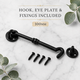 Cabin Hook Twisted Chain Hook Black Ironmongery - Decorative  for Gates, Doors, Sheds (75mm, 100mm, 150mm)