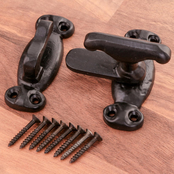 Black Cast Iron Cupboard Turn Latch – Antique Style Cabinet Lock with Screws – Traditional Gate, Door or Trunk Catch