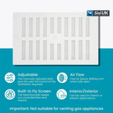 White Plastic Adjustable Air Vent Cover with Flyscreen – Hit & Miss Slide Mesh Grille for Ventilation – Sizes 9"x3", 9"x6", 9"x9"