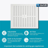 White Plastic Adjustable Air Vent Cover with Flyscreen – Hit & Miss Slide Mesh Grille for Ventilation – Sizes 9"x3", 9"x6", 9"x9"