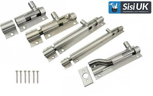 Satin Aluminium Barrel Bolt – Straight & Necked – Sizes 38mm, 50mm, 75mm, 100mm, 150mm – Bathroom, Toilet & Shed Door Latches