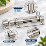 Door Bolts Satin Aluminium Barrel Bolt – Straight & Necked – Sizes 38mm, 50mm, 75mm, 100mm, 150mm – Bathroom, Toilet & Shed Door Latches