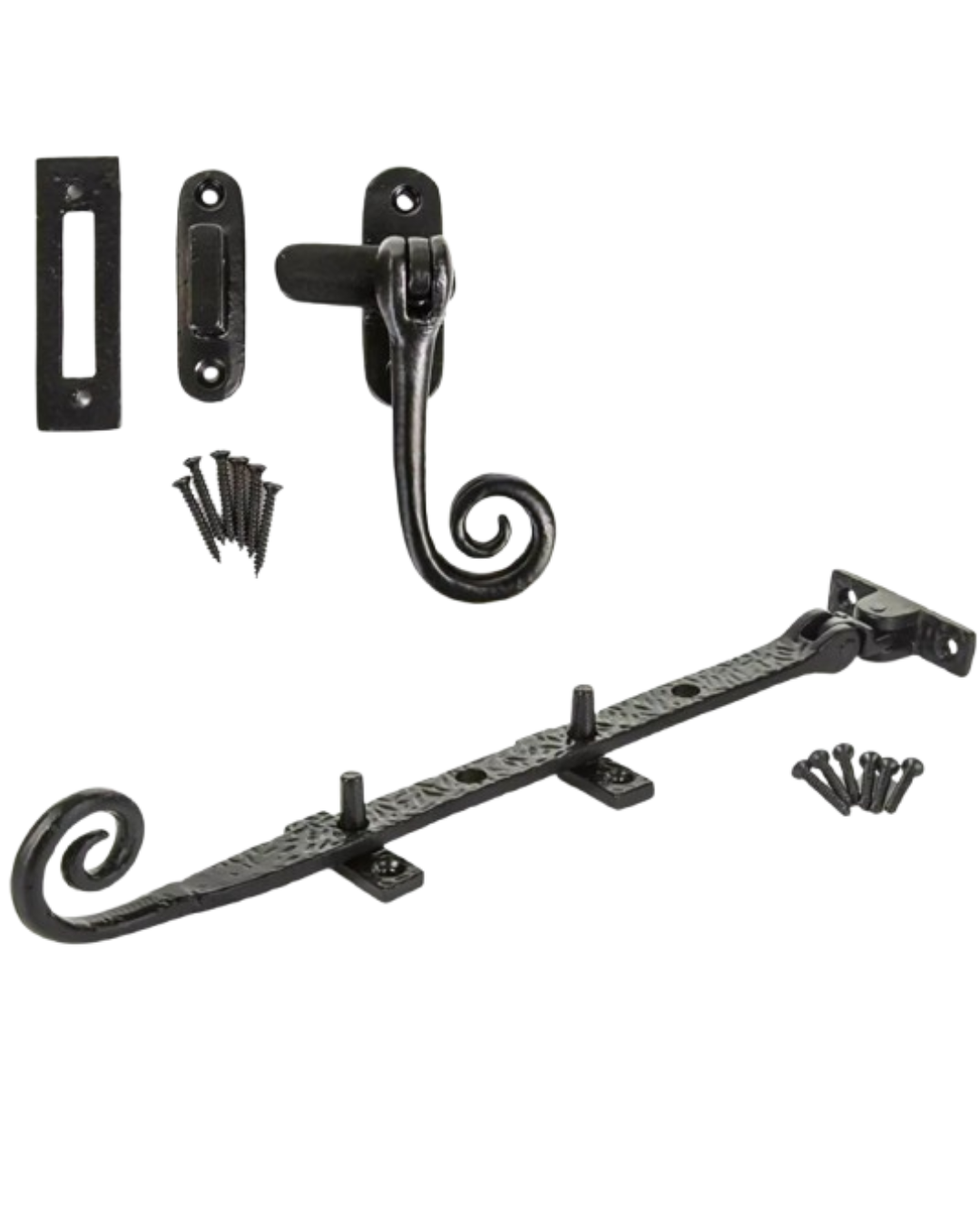 Monkeytail Window Fasteners and Stays – Black Ironmongery Casement Hardware Set