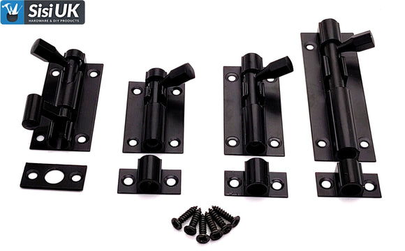 Matt Black Slide Bolts – Straight & Necked – Sizes 38mm, 50mm, 75mm – Bathroom, Toilet & Shed Door Latches