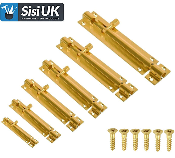 Polished Brass Slide Bolts – Straight & Necked – Sizes 38mm, 50mm, 75mm, 100mm, 150mm – Bathroom, Toilet & Shed Door Latches