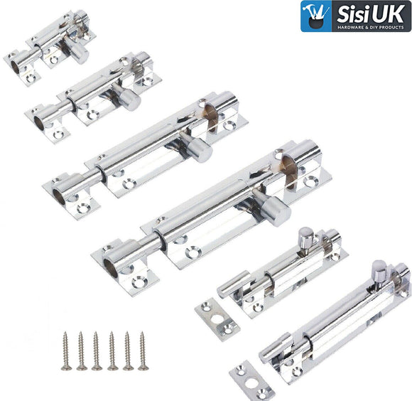 Polished Chrome Slide Bolts – Straight & Necked – Sizes 38mm, 50mm, 75mm, 100mm, 150mm – Bathroom, Toilet & Shed Door Latches