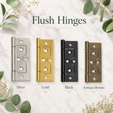 Flush Hinges for Cabinet Doors, Cupboards & Toy Boxes – Silver, Gold, Black or Antique Bronze Furniture Hinges – Various Sizes