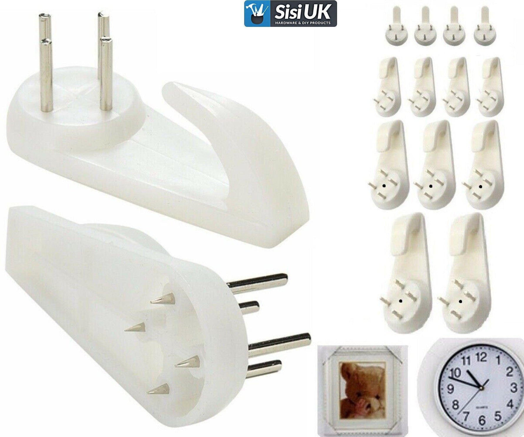 10 x 40mm Plastic Large Hard Wall Picture Hooks - White | Frame, Mirror, Photo Hanging - Sisi UK Ltd