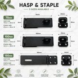Black Hasp & Staple Security Latch – Padlockable Door, Gate & Shed Fastener – 75mm, 100mm & 150mm Sizes