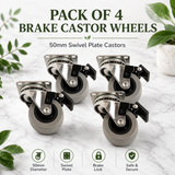 4 x Heavy Duty 50mm Rubber Swivel Castor Wheels with Brakes – Trolley Furniture Caster Wheels for Cabinets, Workbenches & DIY