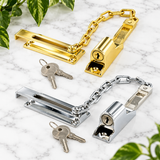 Locking Door Chain – Chrome or Electro Brass – Security Door Chain with Slide Lock for Wooden Internal & External Doors