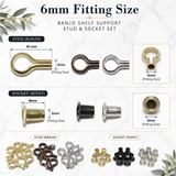 Banjo Shelf Supports Studs & Sockets 6mm – Brass, Nickel, Bronze
