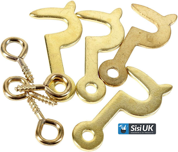 Side Hook & Eye Screw 25mm, 30mm – Electro Brass Plated Self-Tapping Fastener Clasp Hooks for Picture Frames, Mirrors & Jewellery Boxes