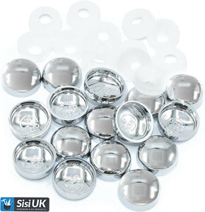 Screw Cover & Base Caps – Polished Chrome & White Finish – Decorative Screw Caps for Mirrors, Cabinets & Furniture – 10mm Metal Covers with Base Washers