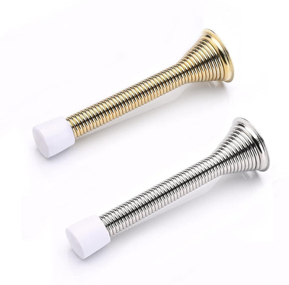 Spring Door Stop Set – Silver or Brass Finish | 75mm Heavy Duty Metal Spring Stops with Base Plate & Anti-Slip Rubber Tip
