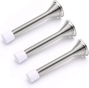Spring Door Stop Set – Silver or Brass Finish | 75mm Heavy Duty Metal Spring Stops with Base Plate & Anti-Slip Rubber Tip
