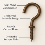 Cup Hooks Antique Bronze  – Screw-In Metal Wall Hooks for Mugs, Keys, Lights & Storage – Rustic Heavy Duty Finish