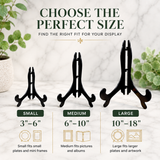 Black Plastic Easel Plate Display Stand – Decorative Holder for Plates, Pictures, Albums, Collectibles & Art – 3 Size Options