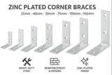 Corner Brace Zinc Plated  – Heavy Duty Angle Bracket – 25mm to 150mm Sizes for Furniture, Shelving & DIY Repairs