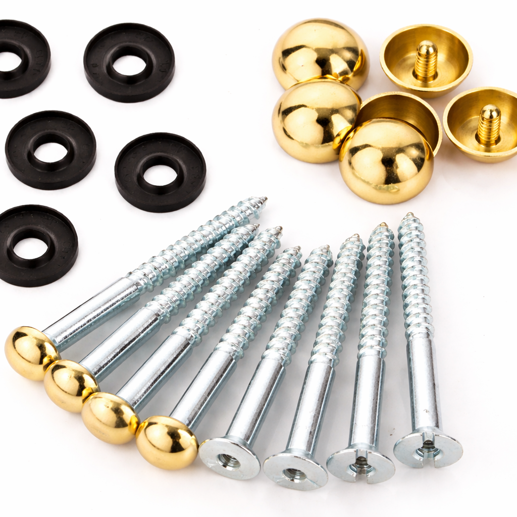 Mirror Screws & Caps Round Threaded Bolt Screws with Silver Brass Dome Caps & Rubber Washers