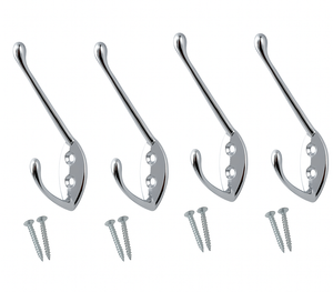 Hat & Coat Hook Wall Mounted – Chrome, Brass, White, Satin & Black Finish – Heavy Duty Double Hook with Screws