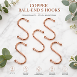Copper Ball End S Hooks – Kitchen & Bathroom Storage Hangers for Pans, Utensils, Towels, Mugs, Rails and Racks