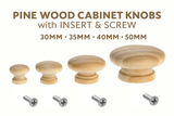 Pine Wood Cabinet Knobs with Insert & Screw – 30mm, 35mm, 40mm, 50mm Furniture Drawer & Door Handles